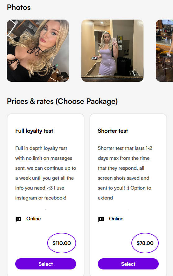A tester profile page showing photos and package pricing